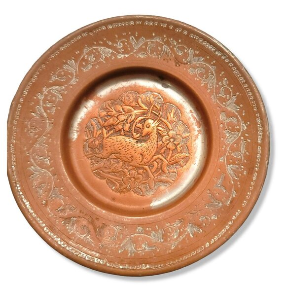 Vintage Tray Copper Persian Round with Tin Wash Deer or Antelope Design JH1334 - Picture 4 of 5